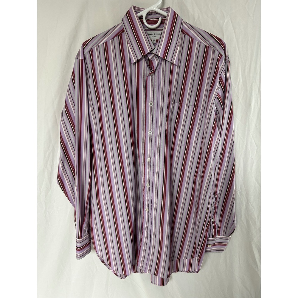 Alfred Dunhill London Mens Striped Button Down LS Shirt Purple Burgundy 16 R